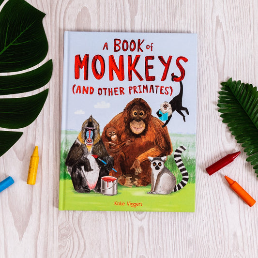 A Book of Monkeys by Katie Viggers, surrounded by leaves and crayons