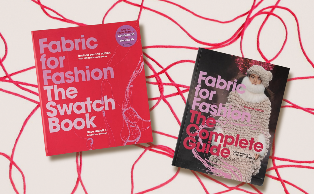 Two books titled 'Fabric for Fashion: The Swatch Book' and 'Fabric for Fashion: The Complete Guide' on a patterned background.