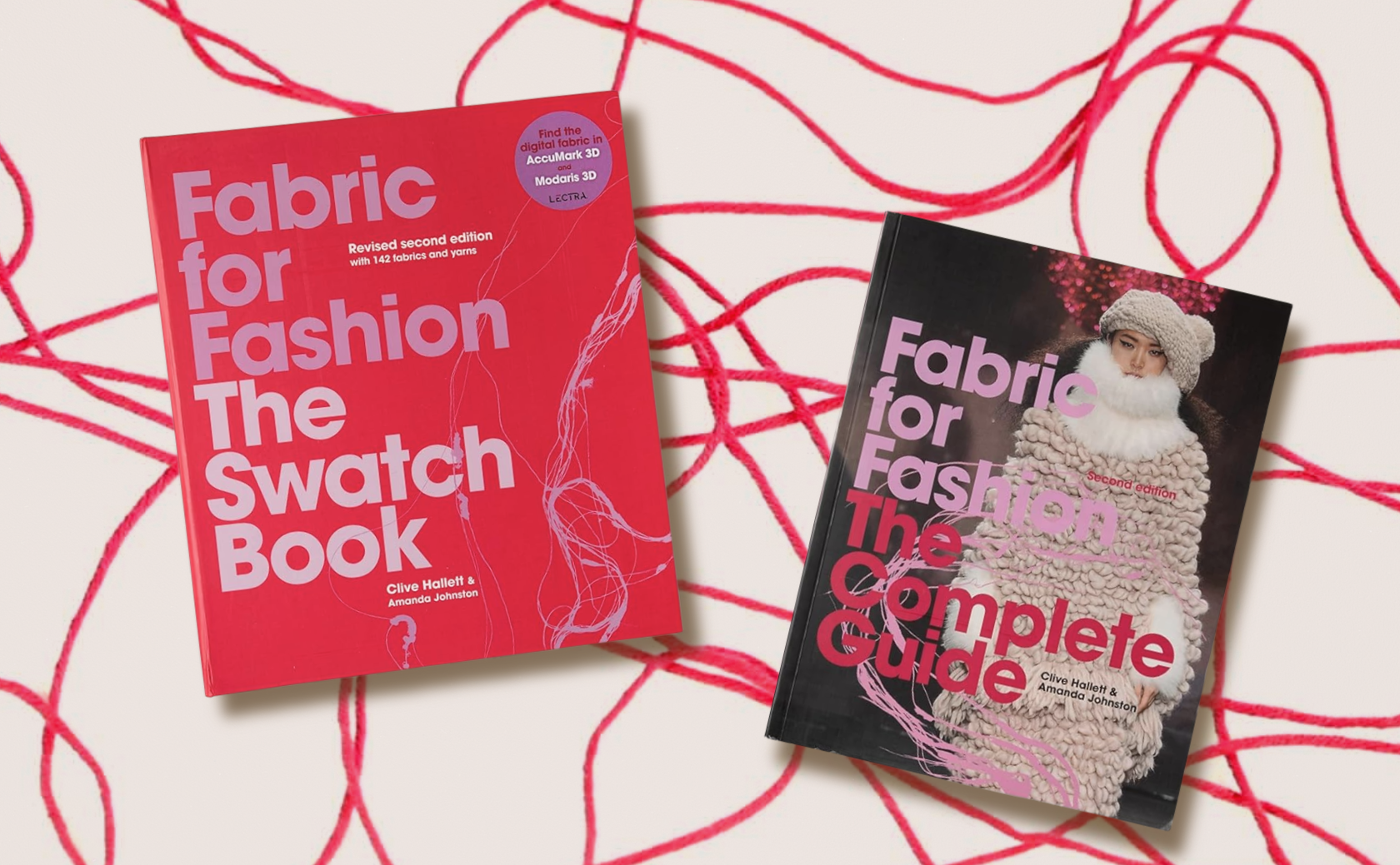 Two books titled 'Fabric for Fashion: The Swatch Book' and 'Fabric for Fashion: The Complete Guide' on a patterned background.