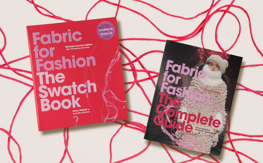 Two books titled 'Fabric for Fashion: The Swatch Book' and 'Fabric for Fashion: The Complete Guide' on a patterned background.